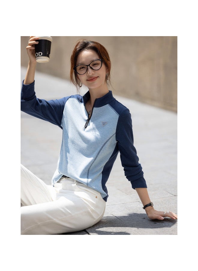 dme Demana Winter Korean Style Zipper Half-placket Stand Collar Color-block Applique Slim Fit Women's T-shirt - Image 5