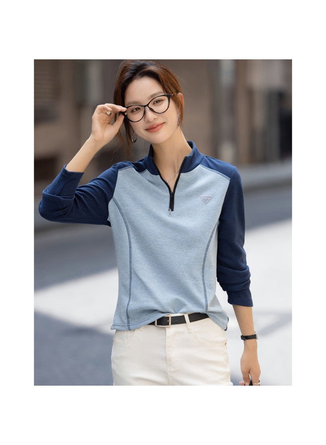 dme Demana Winter Korean Style Zipper Half-placket Stand Collar Color-block Applique Slim Fit Women's T-shirt - Image 2