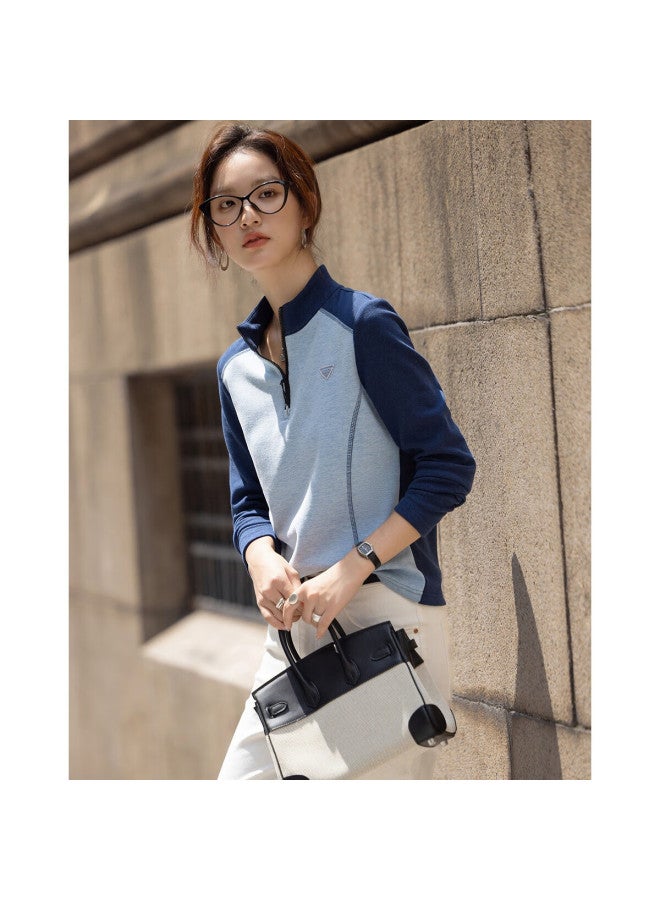dme Demana Winter Korean Style Zipper Half-placket Stand Collar Color-block Applique Slim Fit Women's T-shirt - Image 1