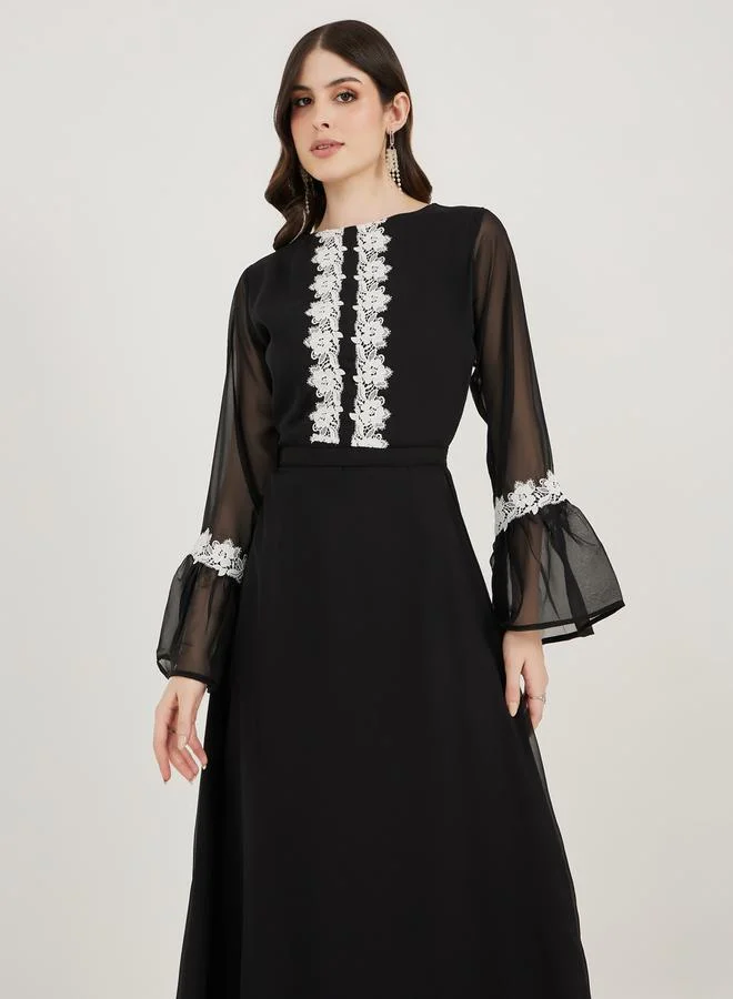 Maxim Creation Flower Lace Insert Bell Sleeve Maxi Dress by Styli