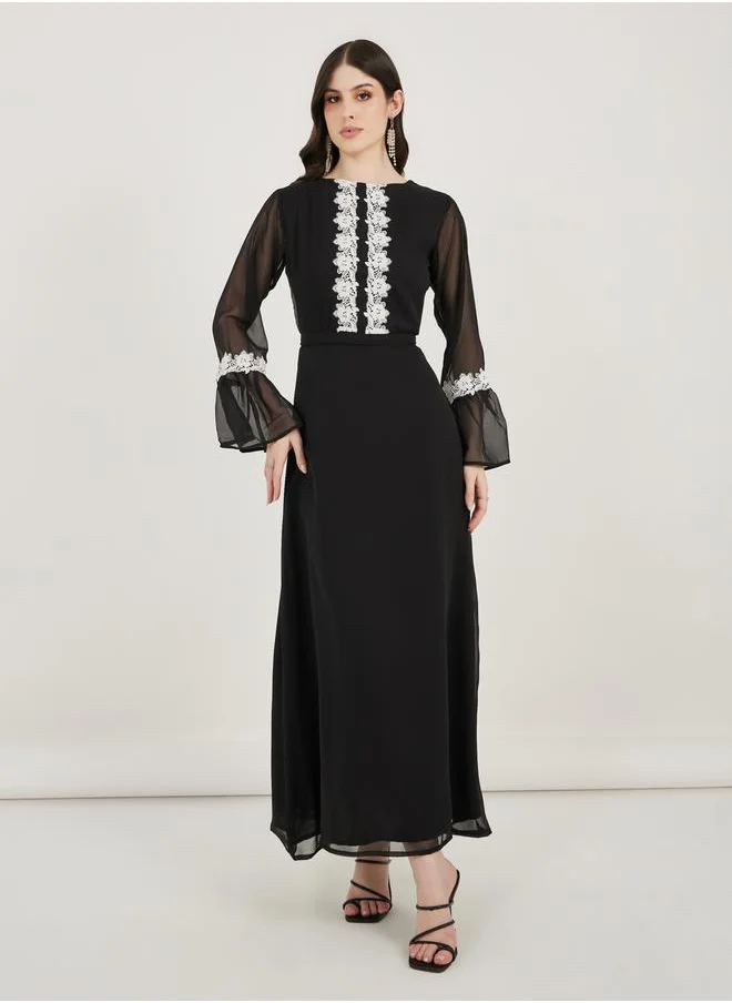 Maxim Creation Flower Lace Insert Bell Sleeve Maxi Dress