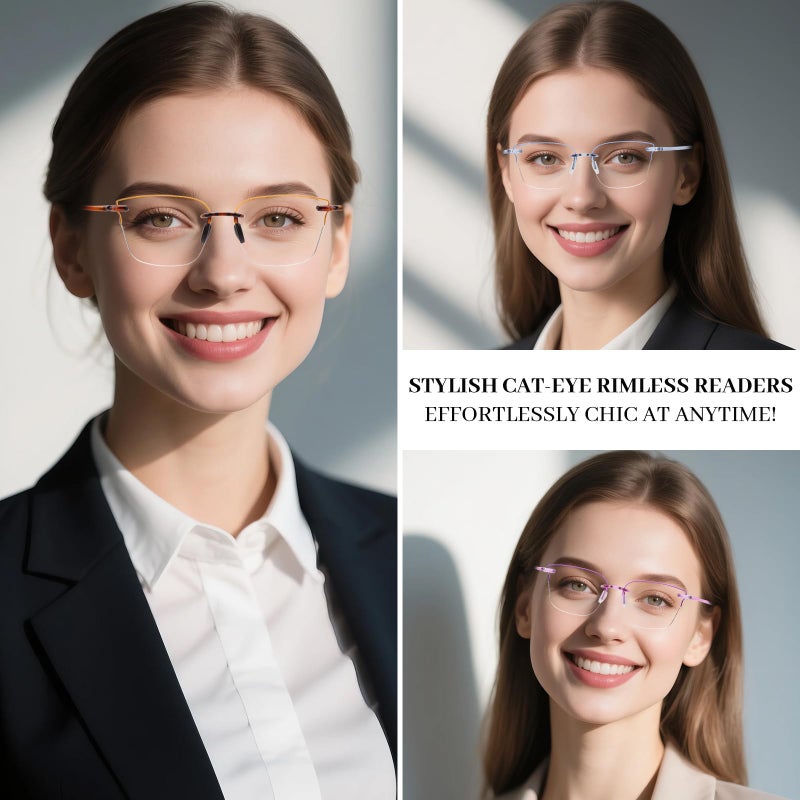 LUFF Reading Glasses for Women 1.5-3 Pack Blue Light Blocking Cat Eye Rimless Readers with HD Lenses & Anti-Slip Nose Pads, Lightweight Computer Glasses for Digital Eye Strain - Image 2
