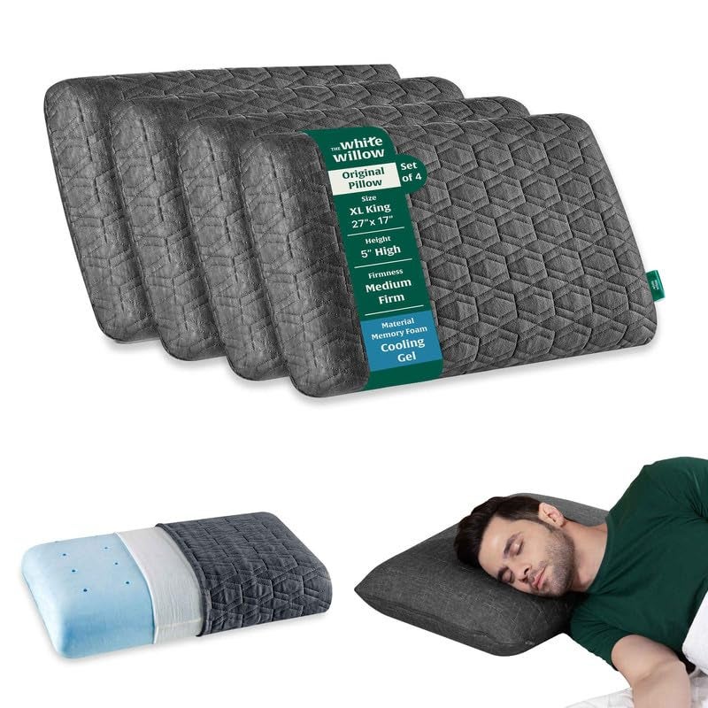 The White Willow The White Willow Orthopedic Set of 4 Cooling Gel Memory Foam Extra Large Size Neck Back Support Sleeping Bed Pillow with Premium Knitted Fabric Zipper Cover 27 L x 17 W x 5 H Inches Grey  - Image 1