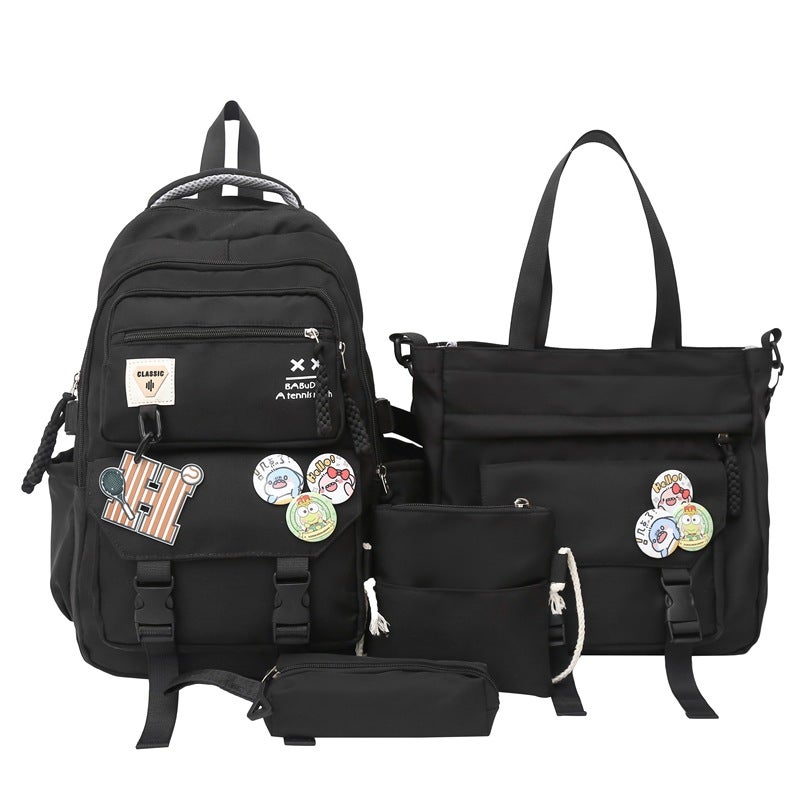 Backpack New Student Schoolbag Fashion Trendy Color-matching Backpack Multi-piece Large Capacity Schoolbag for Primary and Secondary School Students Black four-piece set 