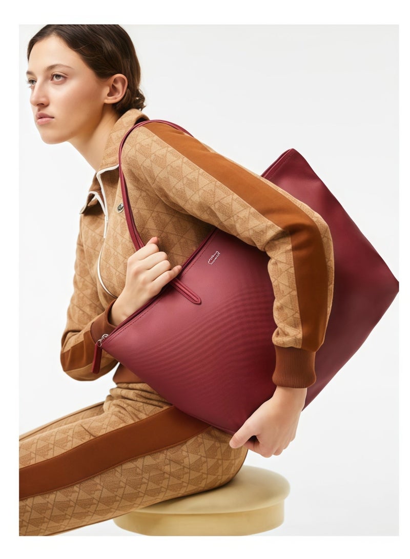 لاكوست حقيبة لاكوست النسائية L12.12 مفهوم الموضة متعددة الاستخدامات بسعة كبيرة حجم كبير حقيبة يد وحقيبة كتف حقيبة توت بحجم كبير لون خمري 45 سم * 30 سم * 12 سم - Image 1