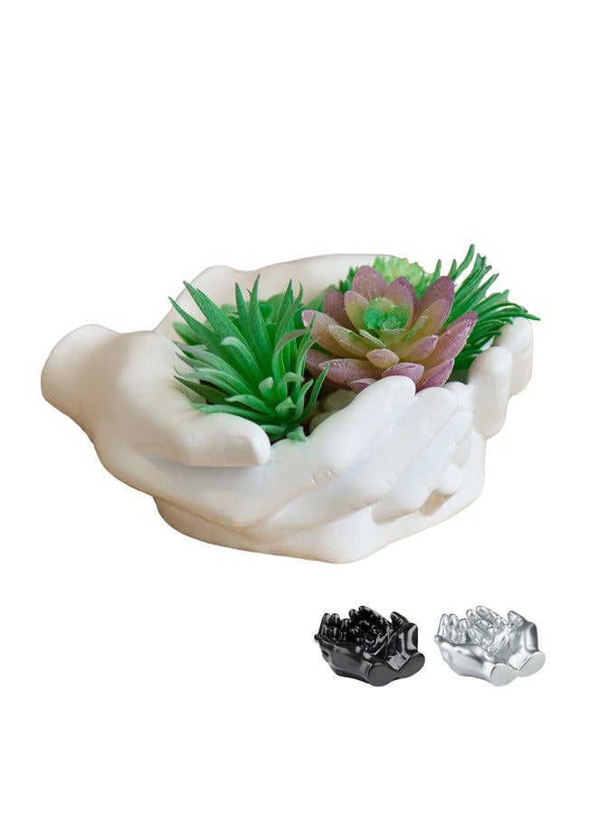 Tapeera Hand Shaped Succulent Planter Pot - Crystal Holder Display - Air Plant Holder Hand Planter - Giving Hands Sculpture Decor - Key Bowl Ring Dish Trinket Dish Candy Dish - Candle Holder (White) - Image 1