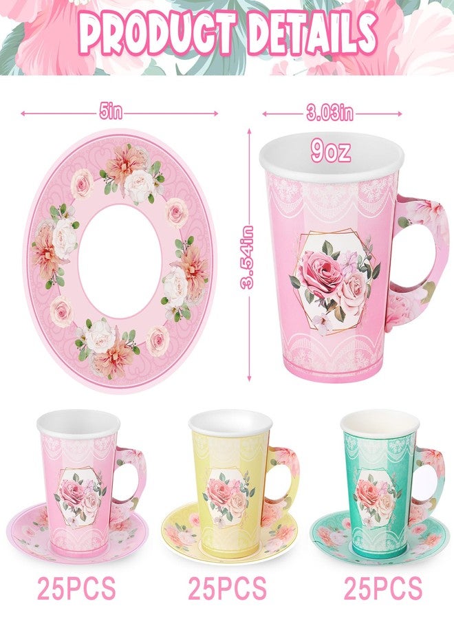 Zopeal 150 Pcs Tea Party Decorations 9 oz Paper Tea Cups and 5 Inch Plates Disposable Cups with Handle Floral Paper Saucers Sets for Birthday Wedding Party Supply - Image 2