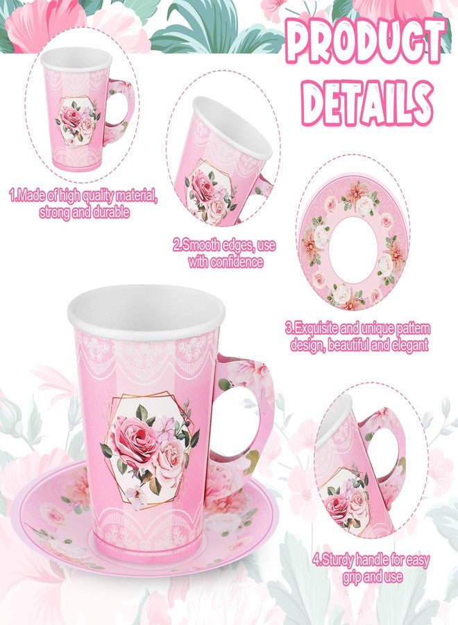 Zopeal 150 Pcs Tea Party Decorations 9 oz Paper Tea Cups and 5 Inch Plates Disposable Cups with Handle Floral Paper Saucers Sets for Birthday Wedding Party Supply - Image 3