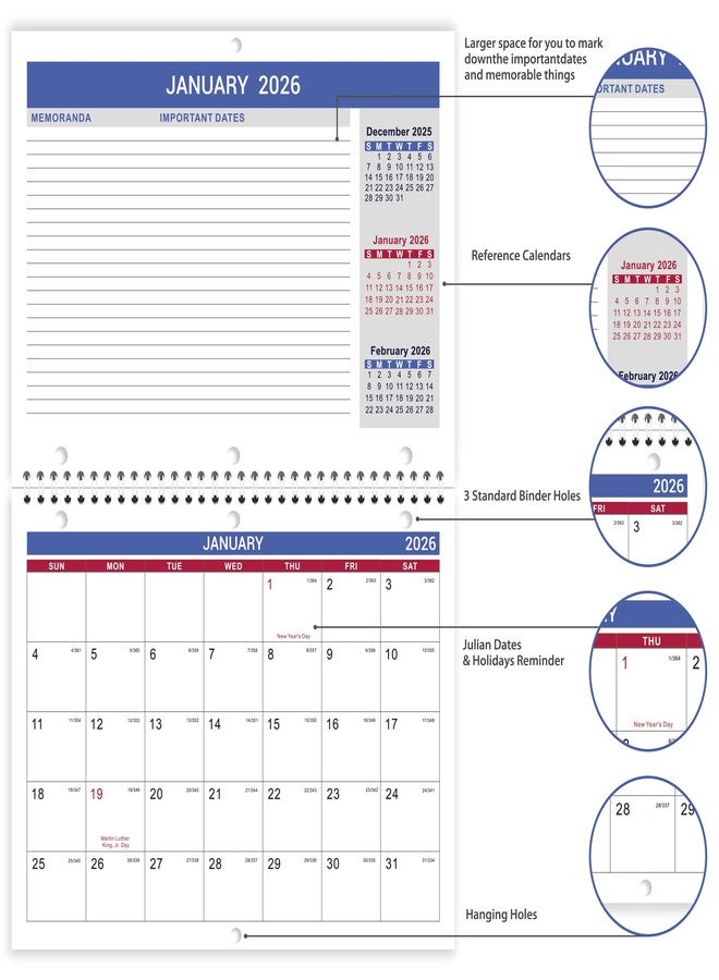 Feteulo 2026 Calendar - 2026 Wall Calendar, Jan. 2026 - Dec. 2026, 8.5" x 11", Memoranda Lined Pages with Thick Paper, Twin-Wire Binding, Holidays, Julian Dates - Image 4