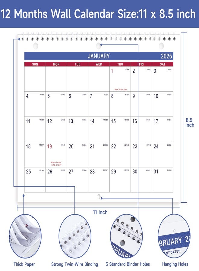 Feteulo 2026 Calendar - 2026 Wall Calendar, Jan. 2026 - Dec. 2026, 8.5" x 11", Memoranda Lined Pages with Thick Paper, Twin-Wire Binding, Holidays, Julian Dates - Image 3