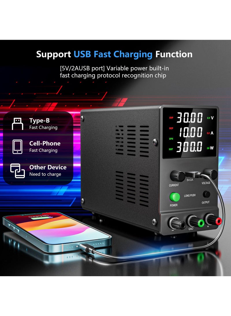 SYOSI - DC Power Supply Variable 0-30V 0-10A Adjustable Switching DC Regulated Bench Power Supply High Precision 4 Digit LED Display with Encoder Knob Output On Off Switch 5V 2A USB Fast Charging Port - Image 1