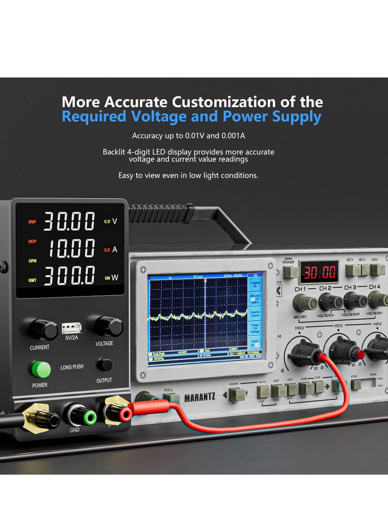 SYOSI - DC Power Supply Variable 0-30V 0-10A Adjustable Switching DC Regulated Bench Power Supply High Precision 4 Digit LED Display with Encoder Knob Output On Off Switch 5V 2A USB Fast Charging Port - Image 1