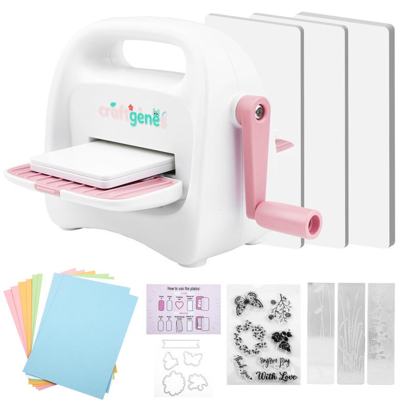 CraftGenes Mini Die Cutting and Embossing Machine with Starter Kit, 8.5 cm (3.5") Feed Slot for 3" Paper, Includes 24 Accessories for DIY Crafts, Card Making & Scrapbooking(Pink) - Image 1