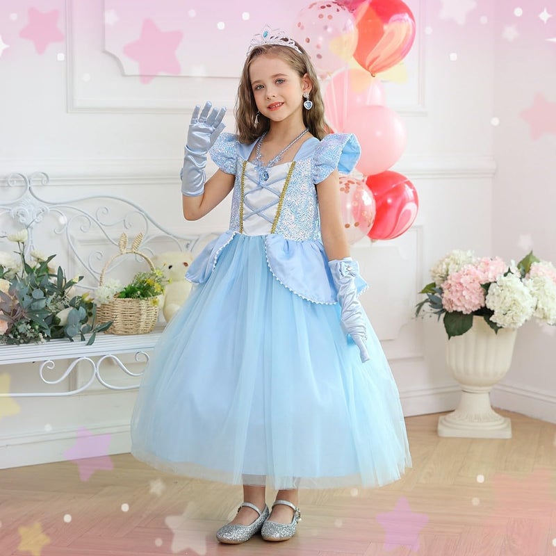 Luzlen Cinderella Costume for Girls Kids Blue Princess Dress with Accessories Halloween Birthday Party Outfits, 4-5T(Tag 120) - Image 4