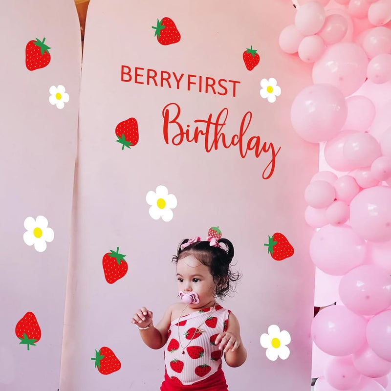 JarThenaAMCS Berry First Birthday Party Decal Sign Strawberry 1st Birthday Wall Stickers Sweet One Birthday Wall Decor for Balloon Arch Backdrop Party Photo Props 157 x 354inch Pink Red White - Image 3