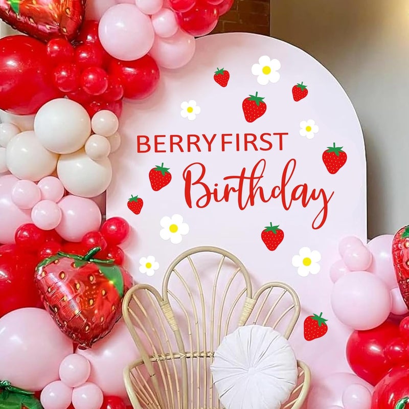 JarThenaAMCS Berry First Birthday Party Decal Sign Strawberry 1st Birthday Wall Stickers Sweet One Birthday Wall Decor for Balloon Arch Backdrop Party Photo Props 157 x 354inch Pink Red White - Image 1