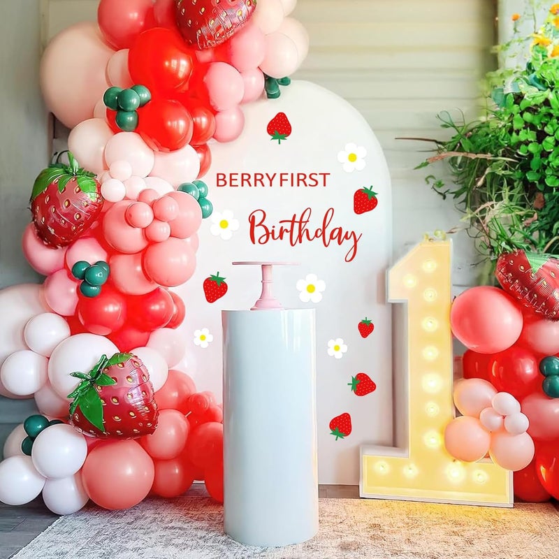 JarThenaAMCS Berry First Birthday Party Decal Sign Strawberry 1st Birthday Wall Stickers Sweet One Birthday Wall Decor for Balloon Arch Backdrop Party Photo Props 157 x 354inch Pink Red White - Image 4