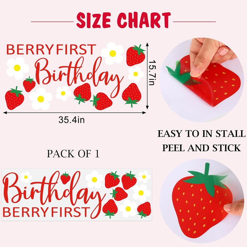 JarThenaAMCS Berry First Birthday Party Decal Sign Strawberry 1st Birthday Wall Stickers Sweet One Birthday Wall Decor for Balloon Arch Backdrop Party Photo Props 157 x 354inch Pink Red White - Image 2