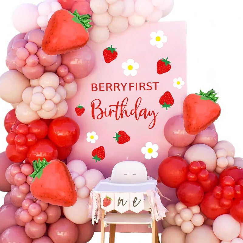 JarThenaAMCS Berry First Birthday Party Decal Sign Strawberry 1st Birthday Wall Stickers Sweet One Birthday Wall Decor for Balloon Arch Backdrop Party Photo Props 157 x 354inch Pink Red White - Image 5