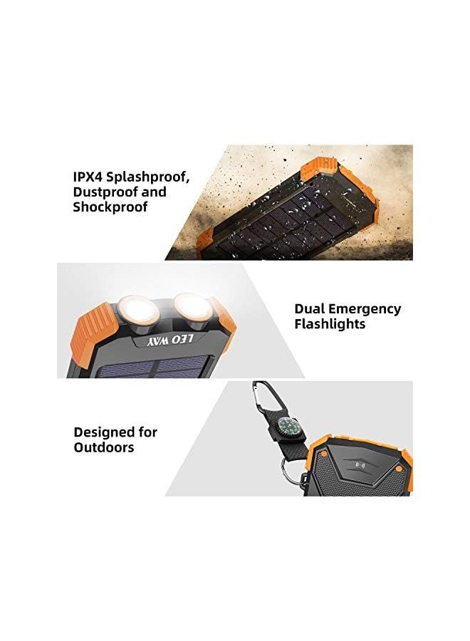 IAF WAY Solar Power Bank, Qi Wireless Portable Charger 10,000mAh, External Battery Pack with Type C Input/Output,Dual Super Bright Flashlight,Compass Carabiner, Solar Panel Charging for Phone(Orange) - Image 3