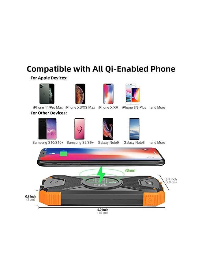 IAF WAY Solar Power Bank, Qi Wireless Portable Charger 10,000mAh, External Battery Pack with Type C Input/Output,Dual Super Bright Flashlight,Compass Carabiner, Solar Panel Charging for Phone(Orange) - Image 2