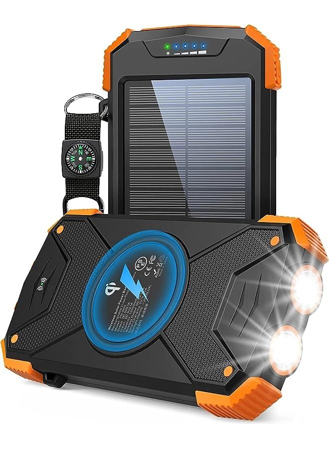 IAF WAY Solar Power Bank, Qi Wireless Portable Charger 10,000mAh, External Battery Pack with Type C Input/Output,Dual Super Bright Flashlight,Compass Carabiner, Solar Panel Charging for Phone(Orange) - Image 1