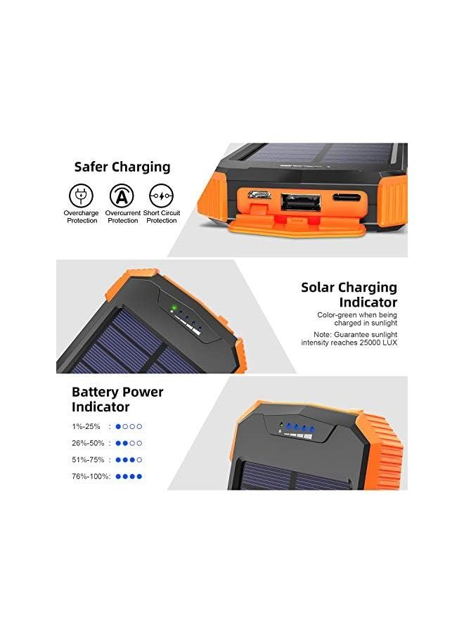IAF WAY Solar Power Bank, Qi Wireless Portable Charger 10,000mAh, External Battery Pack with Type C Input/Output,Dual Super Bright Flashlight,Compass Carabiner, Solar Panel Charging for Phone(Orange) - Image 4
