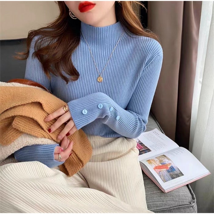 Half turtleneck sweater bottoming shirt womens autumn and winter 2025 new inside explosion foreign style solid color all-match knitted top Blue
