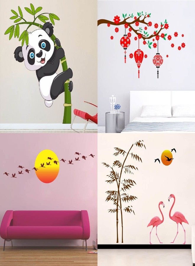 Merical PVC Vinyl Self-Adhesive Baby Panda, Red Flower & Lantern, Sunrise & Flying Bird, Sunset swan Love Wall Stickers for Kids Room Decoration, Home Décor, Living Room, Hall, Bedroom (Set of 4) - Image 1