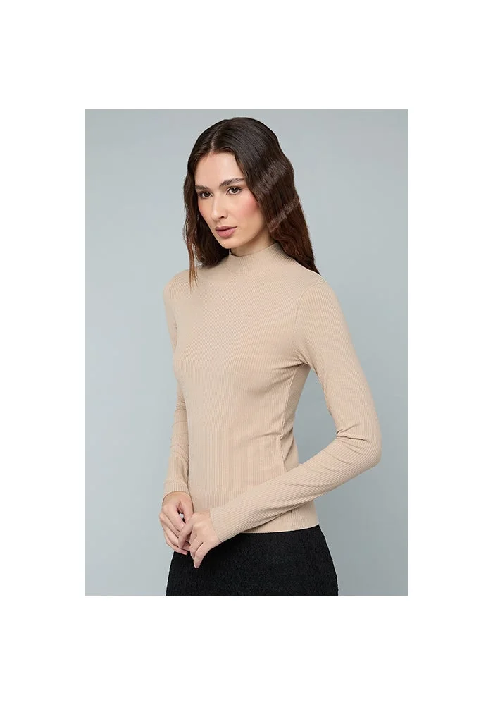 R&b Ribbed Top with High Neck and Long Sleeves