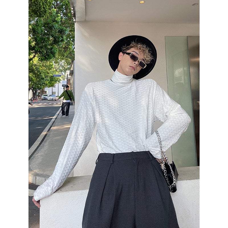 Plaid texture solid color rascal turtleneck t-shirt men's long-sleeved ins autumn trendy Korean version versatile inner layer top - Image 2