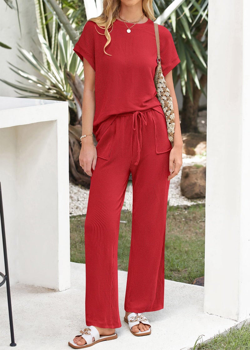 KIRUNDO 2 Piece Sets for Women Dressy Casual Ribbed Knit Short Sleeve Tops Wide Leg Pants Lounge Set Travel Airport Outfits(Red, Medium) - Image 3