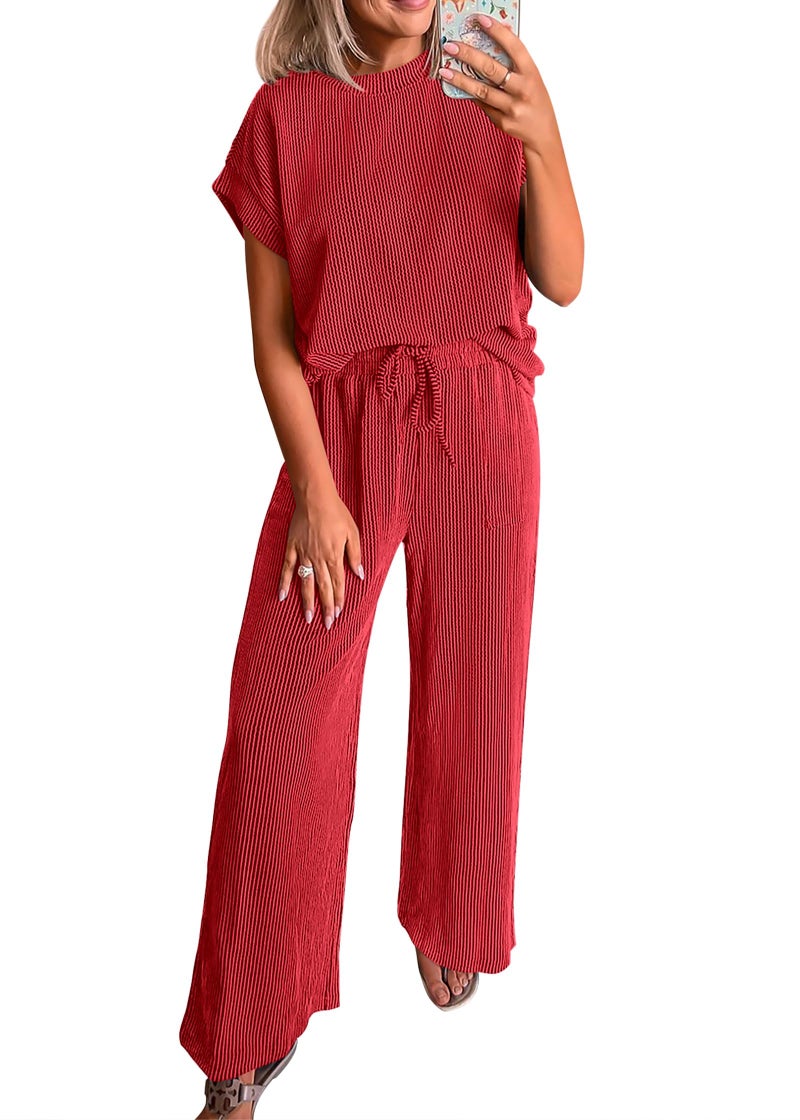KIRUNDO 2 Piece Sets for Women Dressy Casual Ribbed Knit Short Sleeve Tops Wide Leg Pants Lounge Set Travel Airport Outfits(Red, Medium) - Image 1