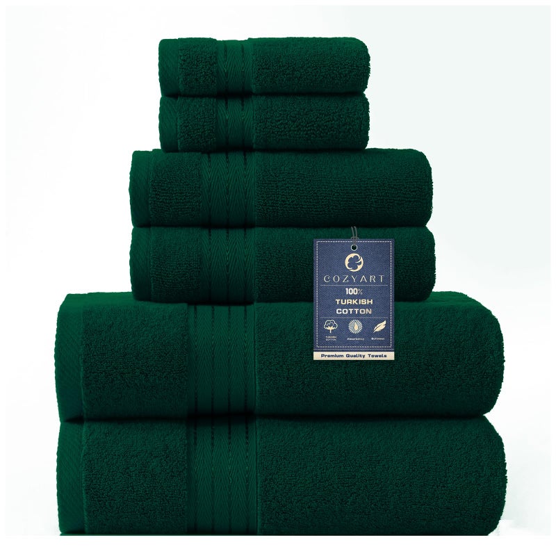 COZYART Dark Green Bath Towel Set 6Pcs, Turkish Cotton Hotel Soft Absorbent Thick Bathroom Towel Sets of 6 with 2 Large Bath Towels, 2 Hand Towels, 2 Washclothes, 650 GSM - Image 1