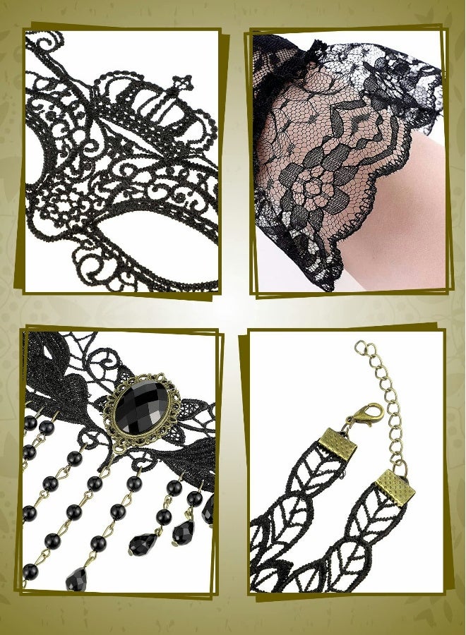 Venetian Masquerade Masks, Black Choker Lace Necklace Lace Pattern Gloves Set for Women  - Image 5