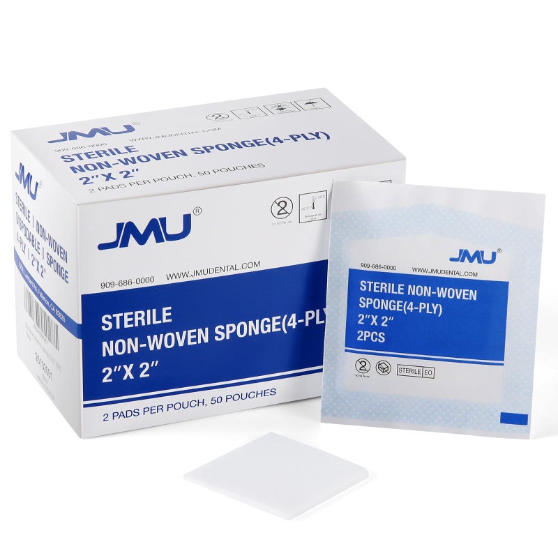 JMU Sterile Gauze Pads 2x2 Non-Woven, Highly Absorbent Sterile Gauze Sponges, 50 Packs, 100 Pcs Total - Image 1