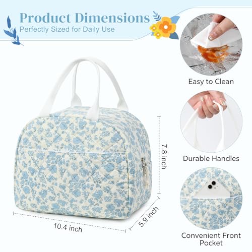 Aileam Lunch Box for Women Quilted Insulated Lunch Bag Tote Cute Reusable Floral Cotton Lunch Box Large Capacity Lunch Bag for Work Picnic Travel Aesthetic Coquette Style - Image 3