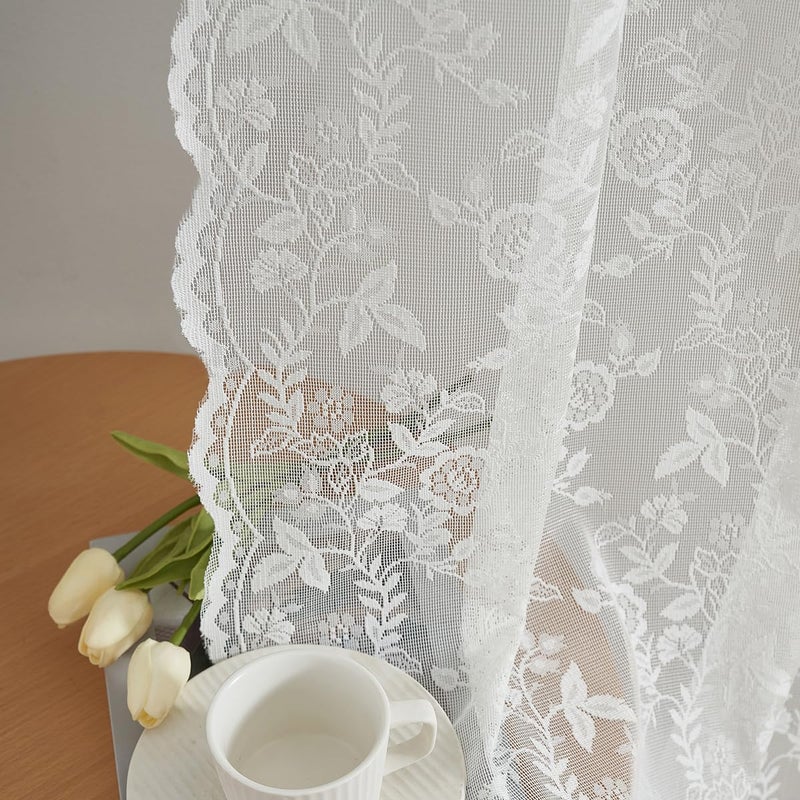 FINECITY Ivory Lace Curtains 45 Inch Length Vintage Sheer Curtains Short for Windows Country Leaf Floral Patterned Privacy Lace Curtain Panels for Kitchen Window 52 x 45 Inch Ivory 2 Panels