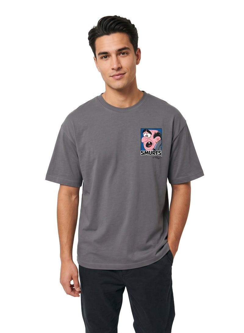 The Smurfs Team Up Men’s Drop Shoulder T-Shirt | Back Print Graphic Casual Crew Neck Cotton Tee - Image 1