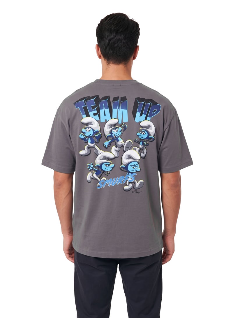 The Smurfs Team Up Men’s Drop Shoulder T-Shirt | Back Print Graphic Casual Crew Neck Cotton Tee - Image 2
