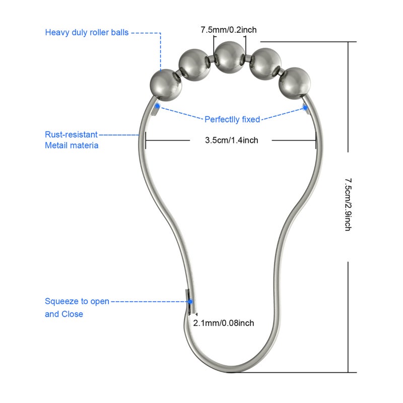 Aiseely Shower Curtain Hooks Rings, Rust-Resistant 304 Stainless Steel Double Glide Hooks, Smooth Slide Hooks with Roller Balls for Bathroom Shower Rods Curtains, Set of 12 Hooks, Chrome - Image 3