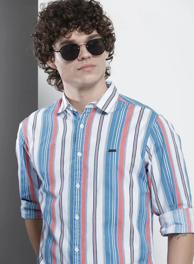 Men Regular Fit Striped Cutaway Collar Casual Shirt