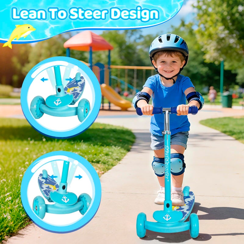 Nattork Ocean 3-Wheel Toddler Scooter for Kids Boys Girls â€“ Adjustable Height Kick Scooter with Light-Up Wheels, Anti-Slip Deck, Lean-to-Steer Design for Ages 2-8 Blue - Image 4