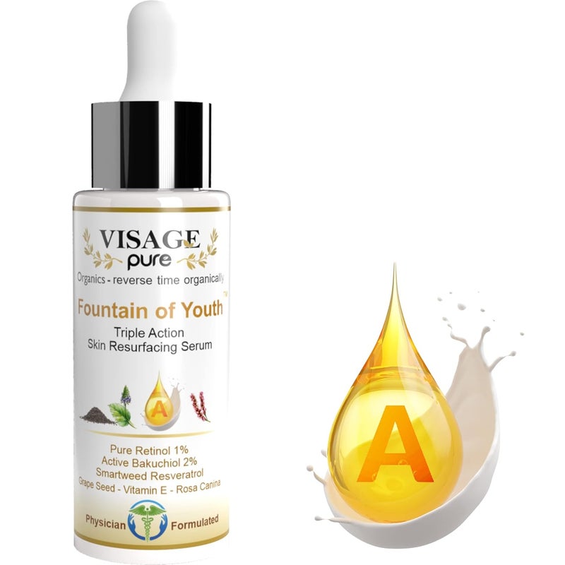 Visage Pure Visage Pure Fountain of Youth Serum  Organic ToxinFree Skin Serum with Retinol Bakuchiol Resveratrol Vitamin E for Resurfacing Toning and Wrinkle Repair 