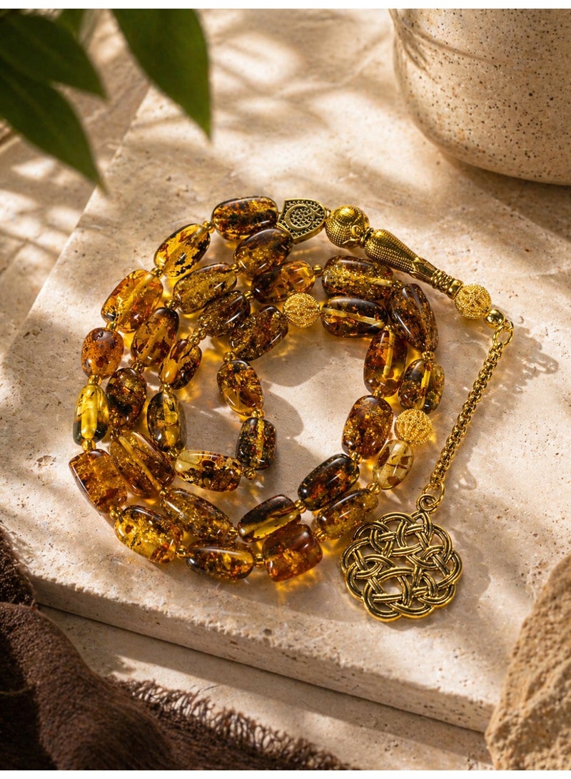 TranquilBeads Luxury Pattern Amber Tasbih 33 Beads 13×10mm, Natural Golden Amber Misbaha Prayer Beads for Men, Handmade, Premium Gift for Ramadan Eid and Father - Image 1