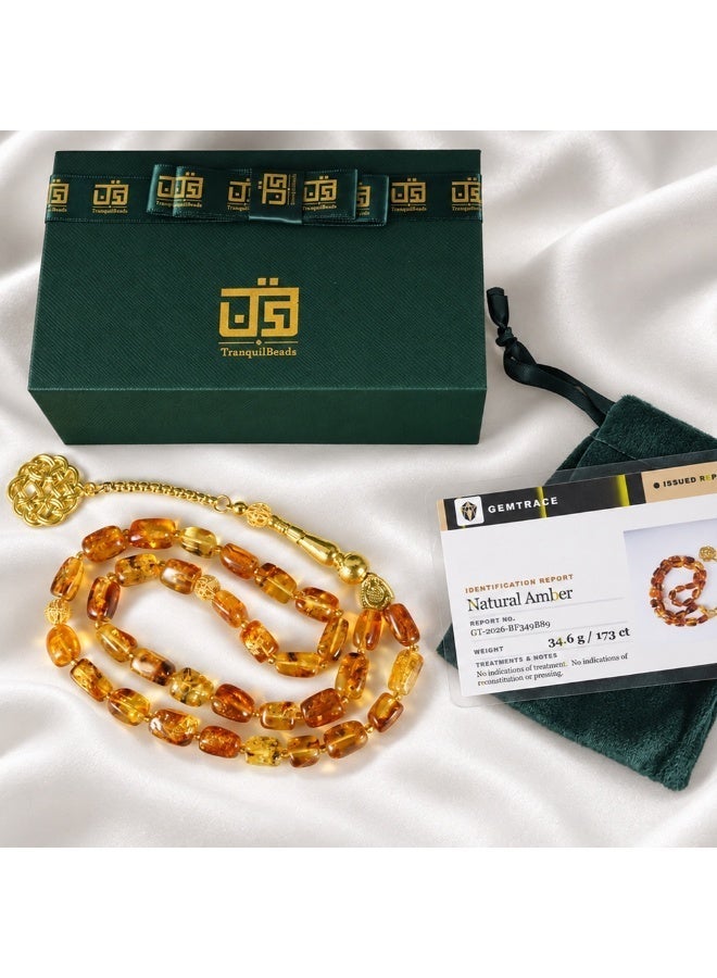 TranquilBeads Luxury Patterned Baltic Amber Tasbih with Certificate, 33 Beads, 13 × 10 mm, Natural Golden Amber Misbaha for Men, Handmade Premium Gift for Ramadan, Eid and Father’s Day - Image 2