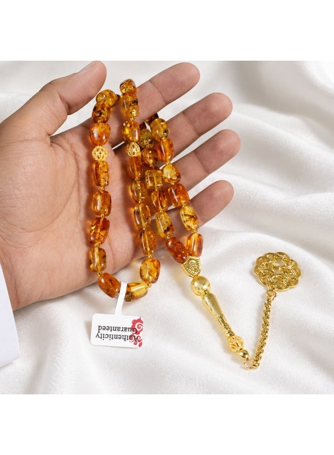 TranquilBeads Luxury Patterned Baltic Amber Tasbih with Certificate, 33 Beads, 13 × 10 mm, Natural Golden Amber Misbaha for Men, Handmade Premium Gift for Ramadan, Eid and Father’s Day - Image 5