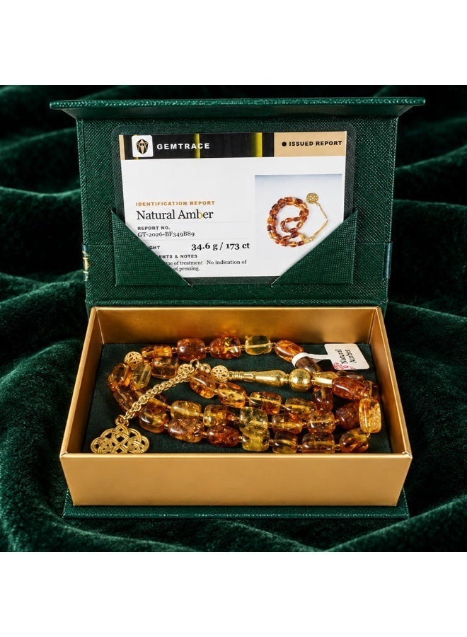TranquilBeads Luxury Patterned Baltic Amber Tasbih with Certificate, 33 Beads, 13 × 10 mm, Natural Golden Amber Misbaha for Men, Handmade Premium Gift for Ramadan, Eid and Father’s Day - Image 3