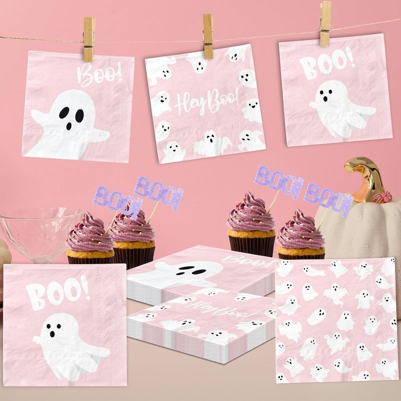 YTGUVBK Halloween Ghost Napkins, 48Pcs Pink Halloween Decor Ghost Paper Napkins Cute Boo Ghost Napkin for halloween Birthday Party Decorations Boo Baby Shower Party Supplies (Pink) - Image 3