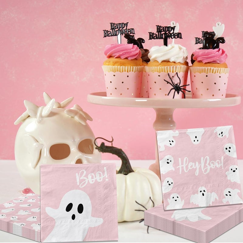 YTGUVBK Halloween Ghost Napkins, 48Pcs Pink Halloween Decor Ghost Paper Napkins Cute Boo Ghost Napkin for halloween Birthday Party Decorations Boo Baby Shower Party Supplies (Pink) - Image 5